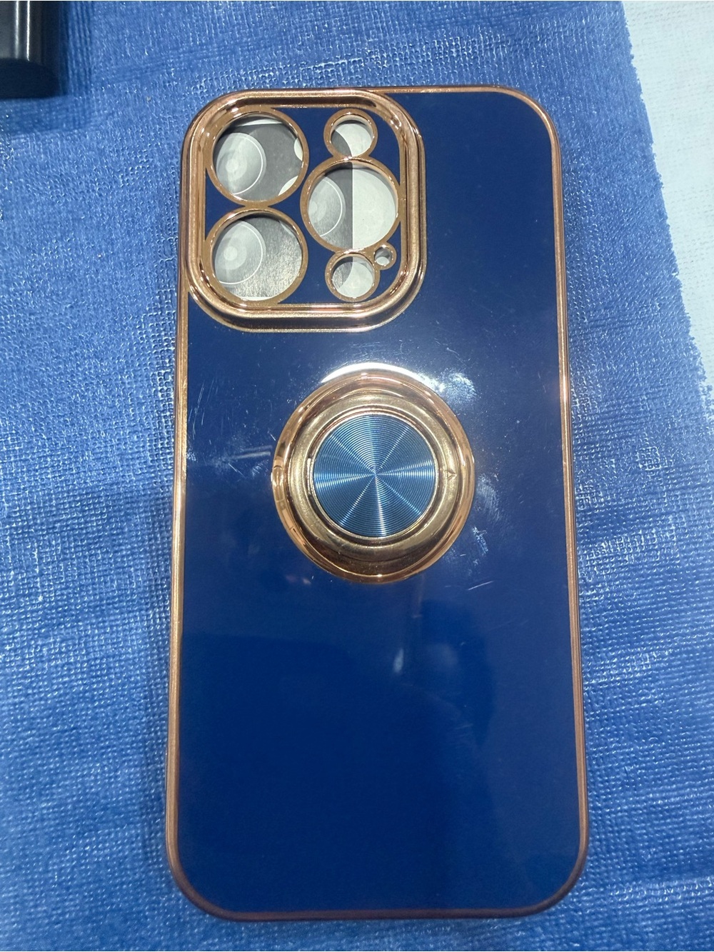 Premium Blue Phone Case with Gold Accent and Built-In Ring Grip